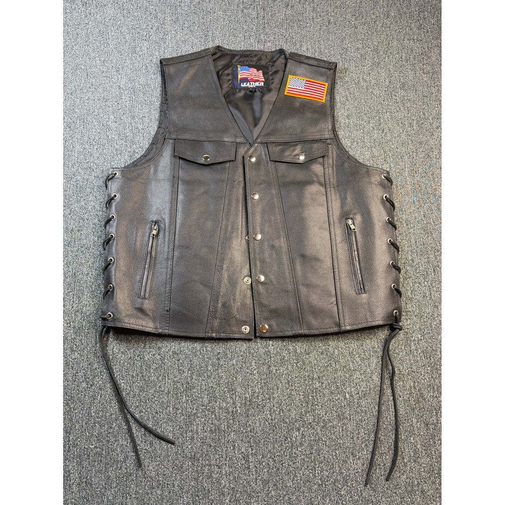 Leather USA Mens Motorcycle Vest Black Leather Side Lace Biker CCW Large L